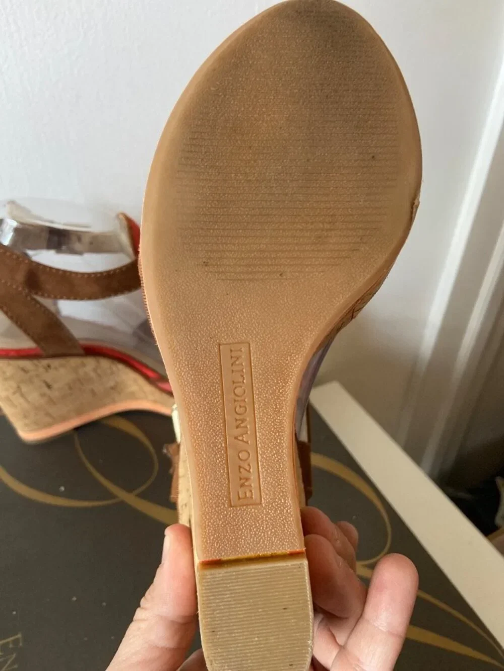 Enzo Angiolini Eagesso Suede Wedge Sandals Size 7.5M Coral Brown Ankle Strap